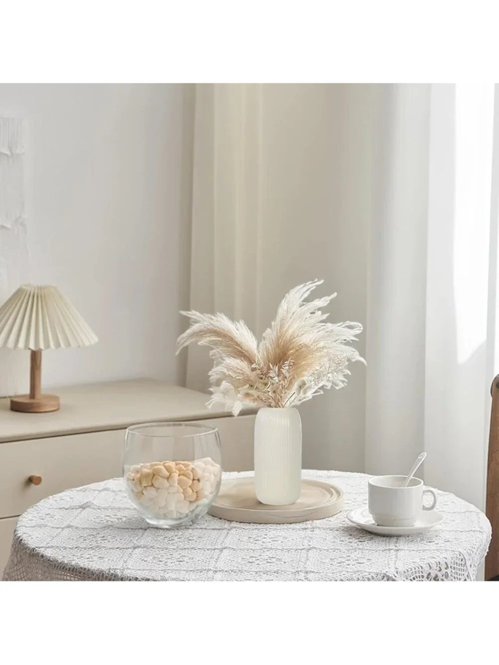 Modern Small Beige Ceramic Vase Flowers Ribbed Textured Farmhouse Home Livings